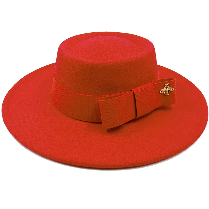 Bow Tie Fedora Hat Winter Round Bumpy Surface Flat Top Bow Tie Elastic Band Men's and Women's Red Jazz Hat Fedora