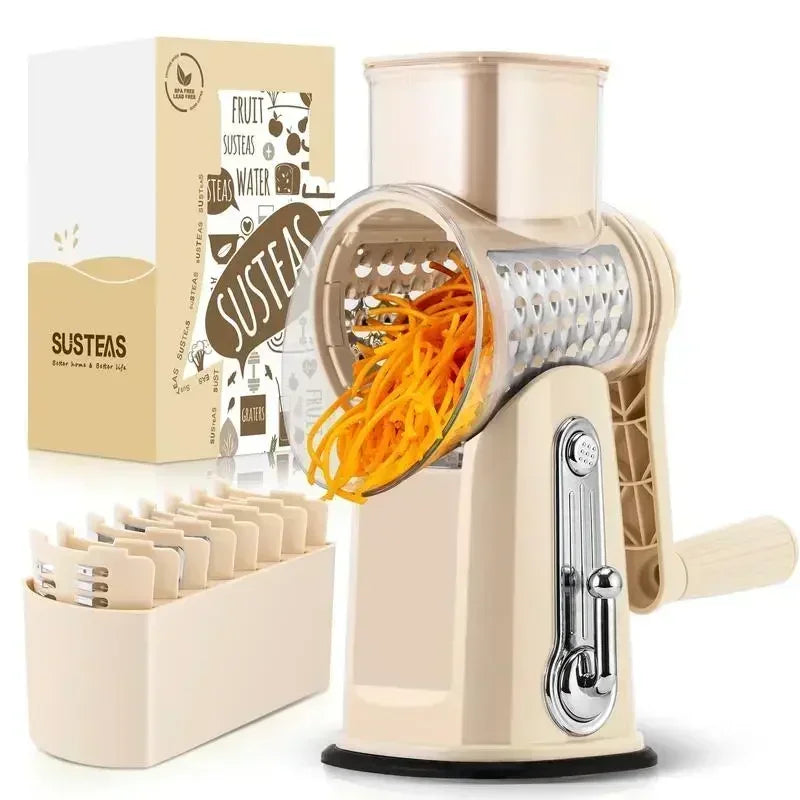 SUSTEAS Rotary Cheese Grater with Handle, Food Shredder with 5 Well-designed Blades & Strong Suction Base,Round Mandoline Slicer