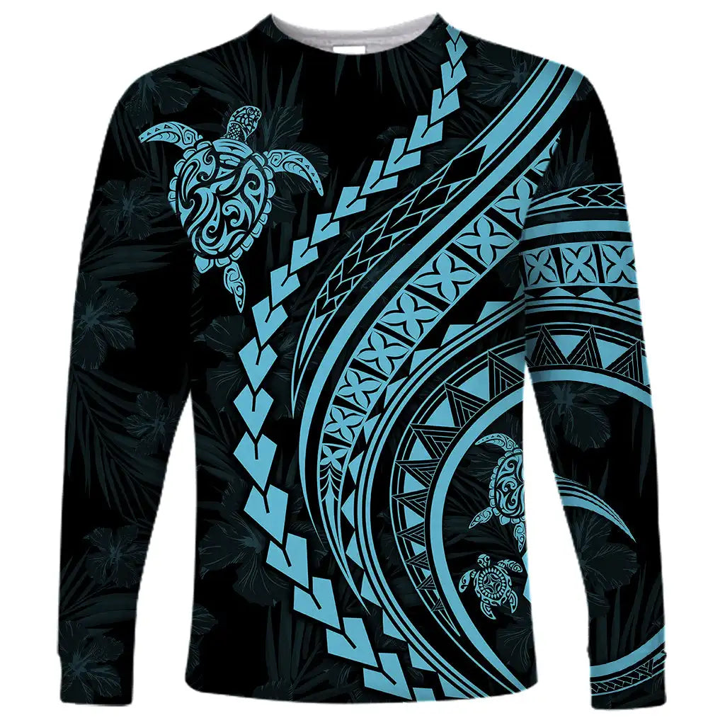 2024 new men's Polynesian long-sleeved T-shirt 3D printed turtle hibiscus luxury print men's autumn tops casual round neck