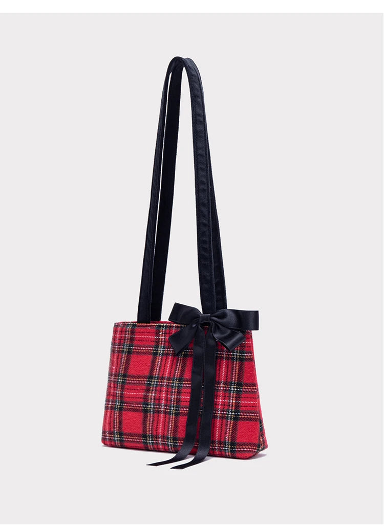 Red Checkered Bow Simple Tote Bag Casual Woolen Versatile Simple Shoulder Bag