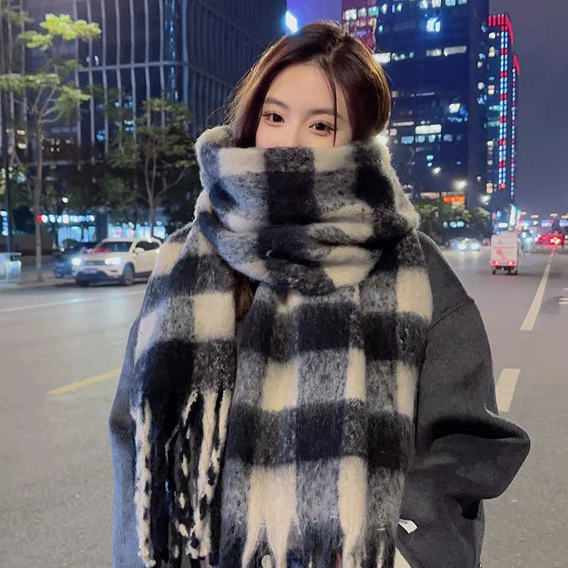 Plaid Scarf Checkerboard Soft Scarfs Women's Winter Warm Dual Use Long Shawl Vintage Thickened Scarves