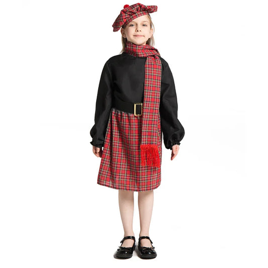 Scotch girl Scotland Costume Head Dress Headwear Scarf Baby Girls Children Halloween Scottish Kilt Cosplay dress