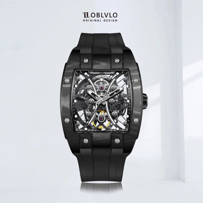 OBLVLO Top Brand Men Automatic Mechanical Watch Skeleton Luminous Wine Barrel Carbon Fiber Case Rubber Strap Waterproof EM