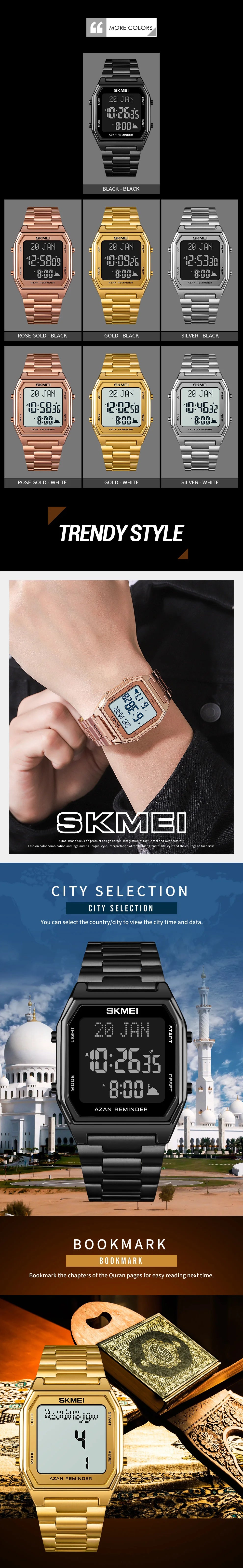 SKMEI 1763 Watch for Men Sport Waterproof Pilgrmage Qibla Direction Religious Month Day Hijri Calendar Digital Mens Wristwatches