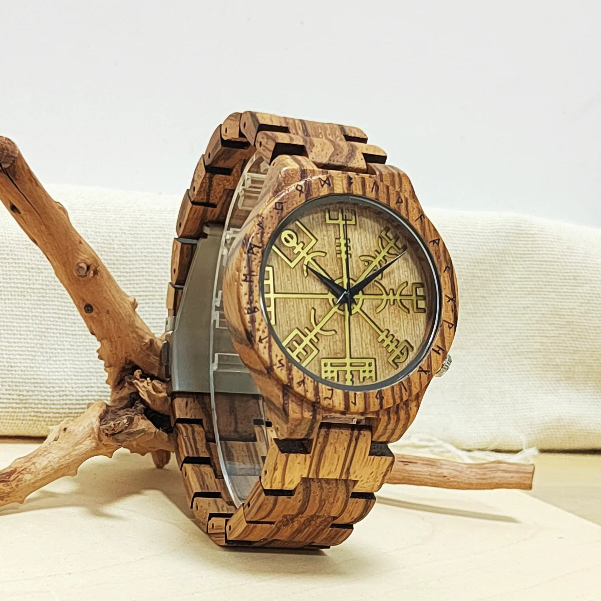 Wooden Wrist Watches Man Viking Symbol Element Clock Personalized Anniversary Gift for Husband Men's Wood Quartz Wristwatches