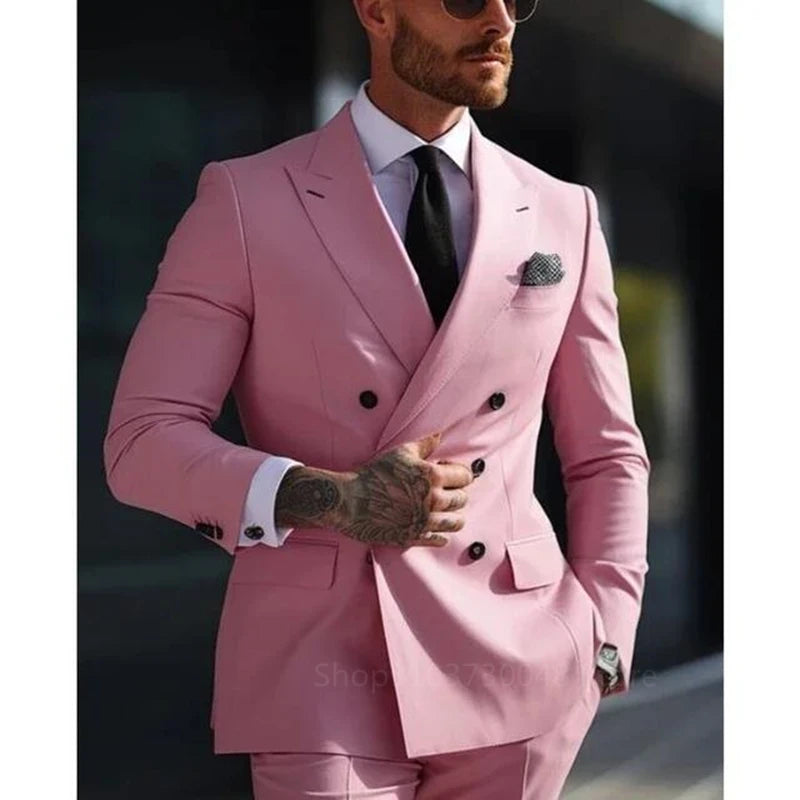 Solid 2 Pieces Men Suits Set Fashion New Men's Formal Business/Wedding Groom Suits Peak Lapel Double Breasted Blazer Trousers