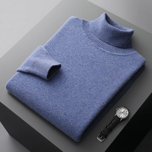 Autumn and winter new 100% pure merino wool pullover men's turtleneck cashmere sweater thickened warm  loose solid color top