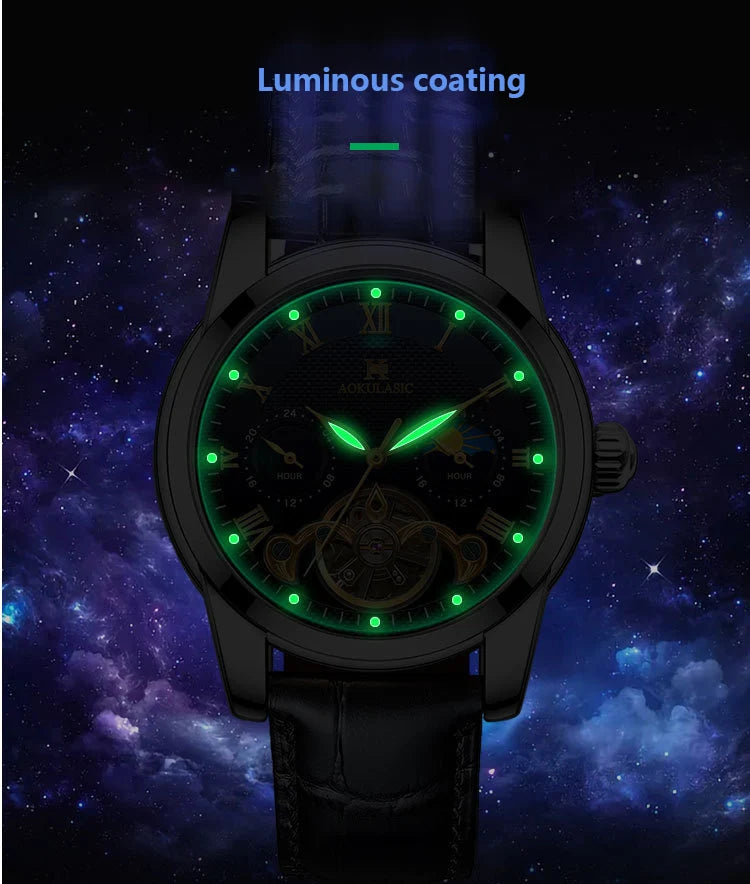 AOKULASIC luxury Mens Mechanical Watch Fashion Sports Waterproof Automatic Watches Man Moon Phase Tourbillon Luminous Wristwatch