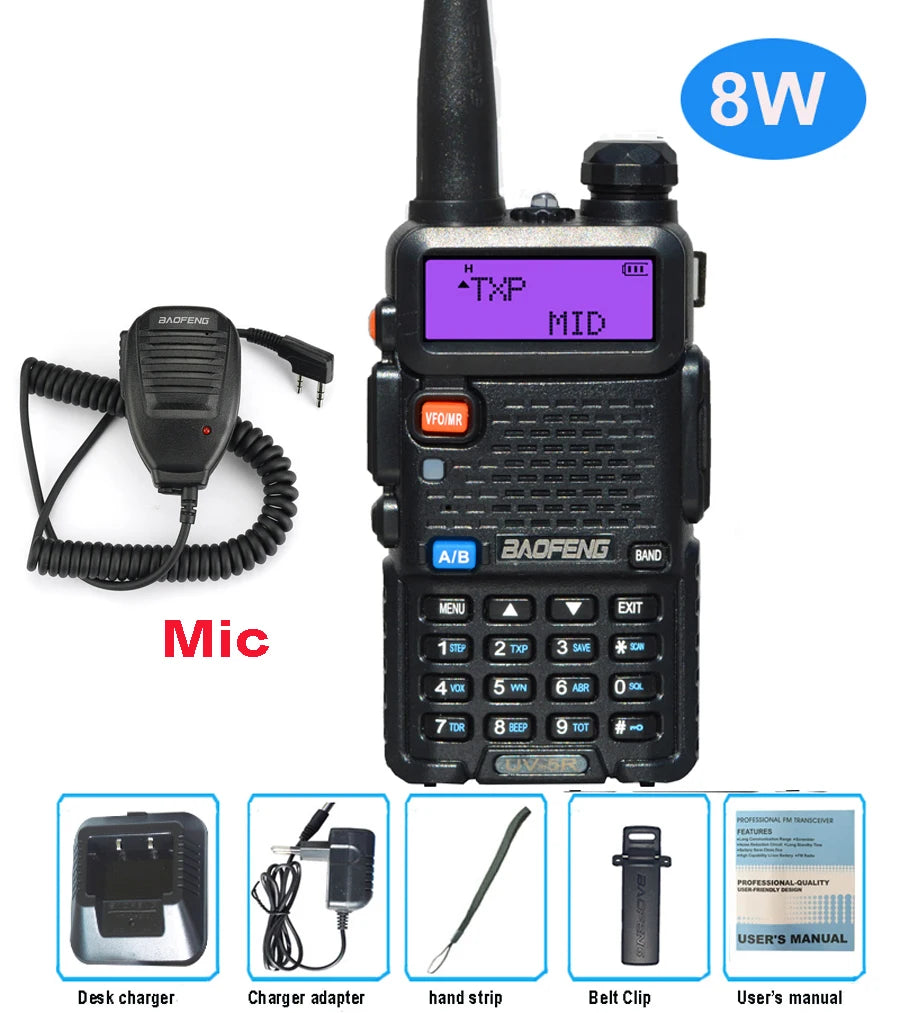 Baofeng UV 5R Walkie Talkie True 8W Portable Ham CB Radio Dual Band VHF UHF FM Transceiver Two Way Hunting Radios UV82 UV9R Plus