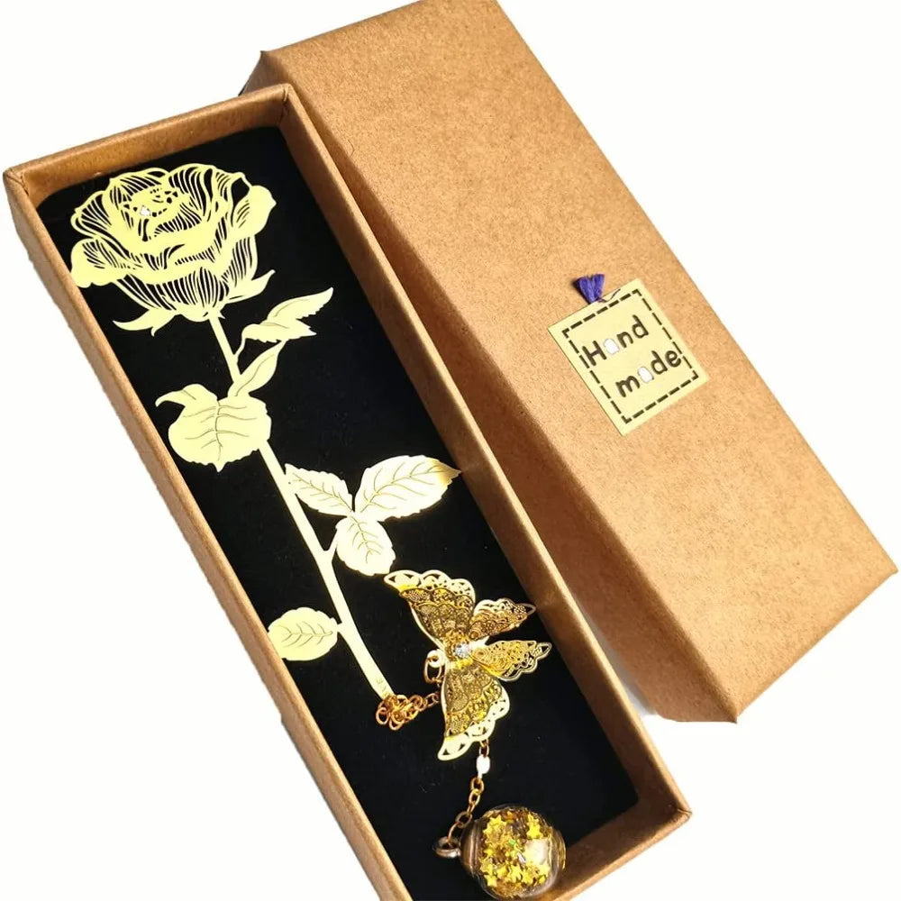 Metal Golden Rose Bookmarks Gift Box Flower Bookmark Student Stationery Gifts Unique Page Marker Book Page Holder Book Clip