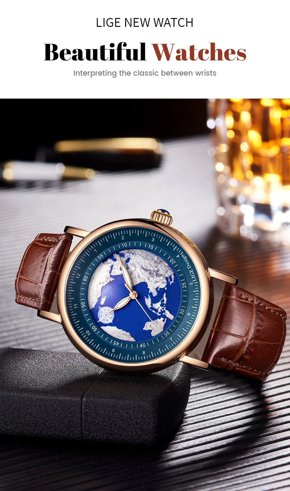 LIGE Mens Watches Fashion Blue Planet Creative Earth Quartz Wristwatch Leather Waterproof Watch For Men Clock Relogio Masculino