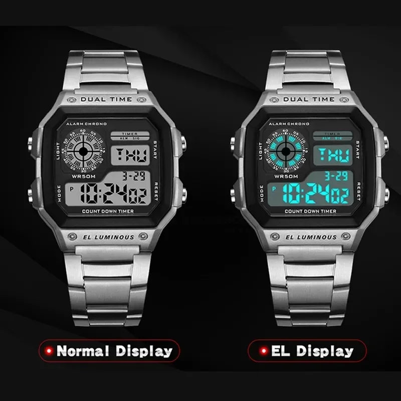 Digital Watch Men's Watch Stainless Steel Strap Countdown Sport Watches Waterproof Led Electronic Wristwatch for Men Gift