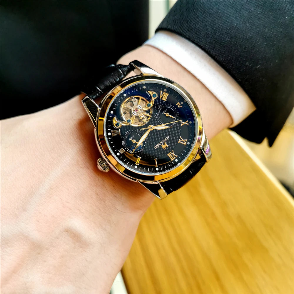 AOKULASIC luxury Mens Mechanical Watch Fashion Sports Waterproof Automatic Watches Man Moon Phase Tourbillon Luminous Wristwatch