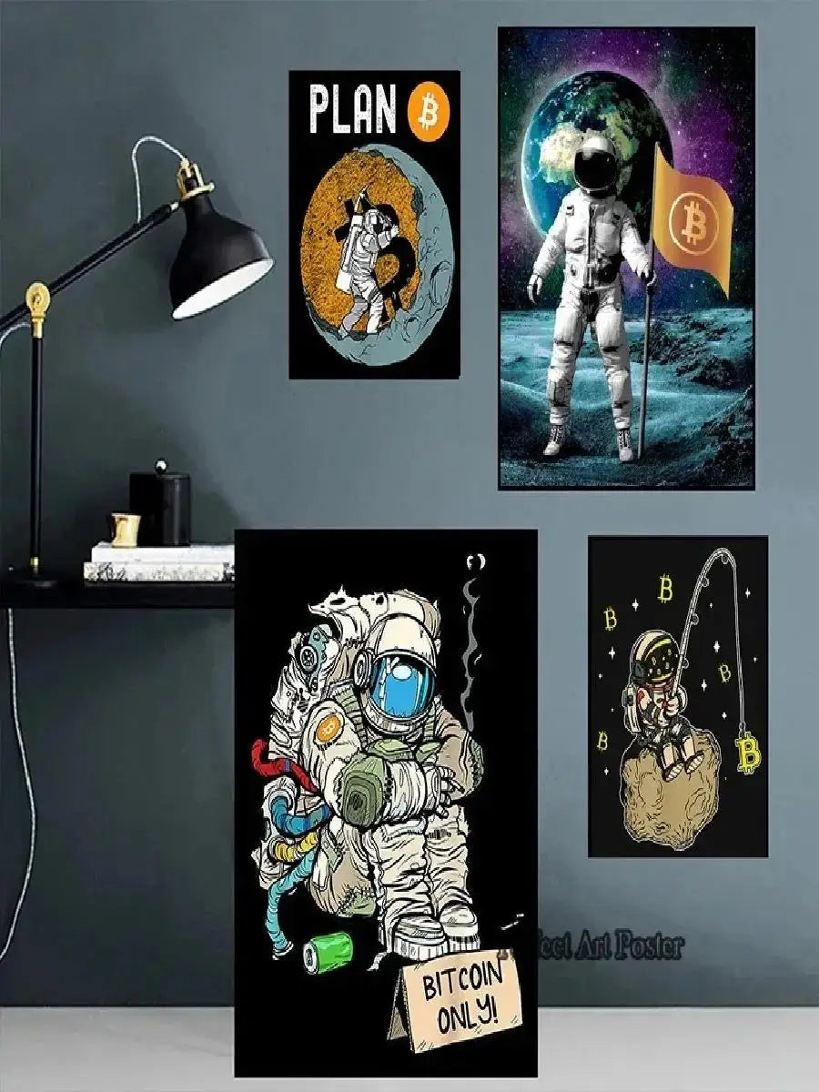 Crypto Astronaut Surfing Bitcoin Stock Market Poster Print  Funny Space Meme Wall Art Canvas Painting for Home Living Room Decor