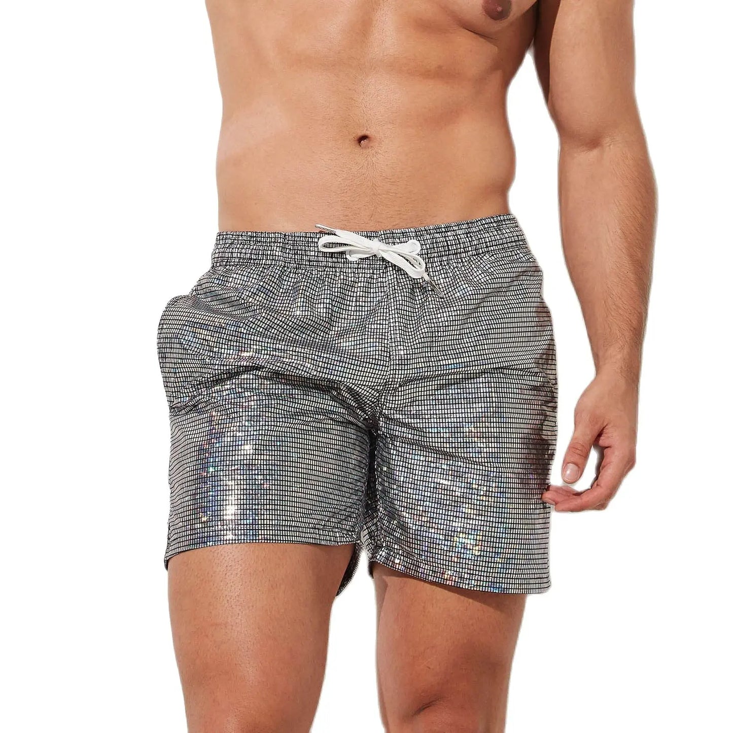 CLEVER-MENMODE Beach Board Swim Shorts Mens Silvery Shine Surfing Swimming Trunks Boxers Faux Leather Beachwear Gymwear