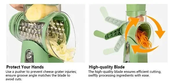 SUSTEAS Rotary Cheese Grater with Handle, Food Shredder with 5 Well-designed Blades & Strong Suction Base,Round Mandoline Slicer