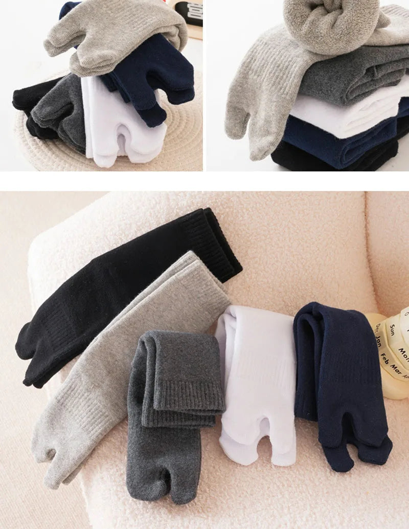 Autumn Winter Thicken 2 Finger Socks For Men Solid Color Business Flip Flops Split Toe Socks Thermal Middle Tube Cotton Socks