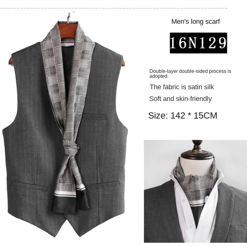 Business Scarf Hangzhou Silk Men's Scarf Long Scarf Double-Sided Trendy British European American Style Autumn Winter