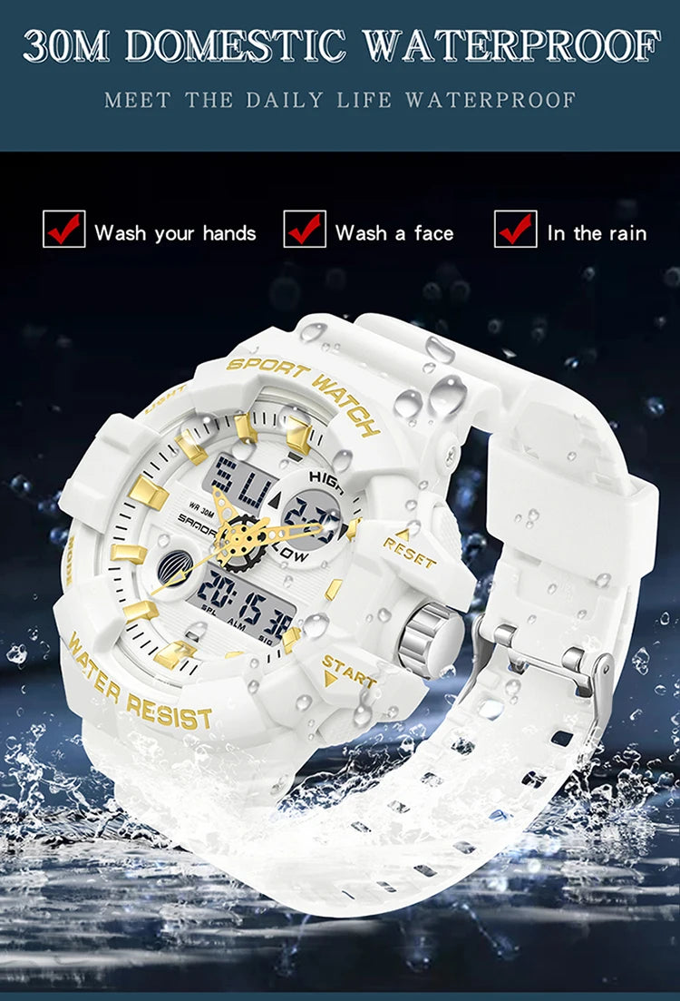 SANDA G Style White Sports Men's Watches Top Brand Luxury Military Quartz Watch Men Waterproof LED Digital Wristwatches