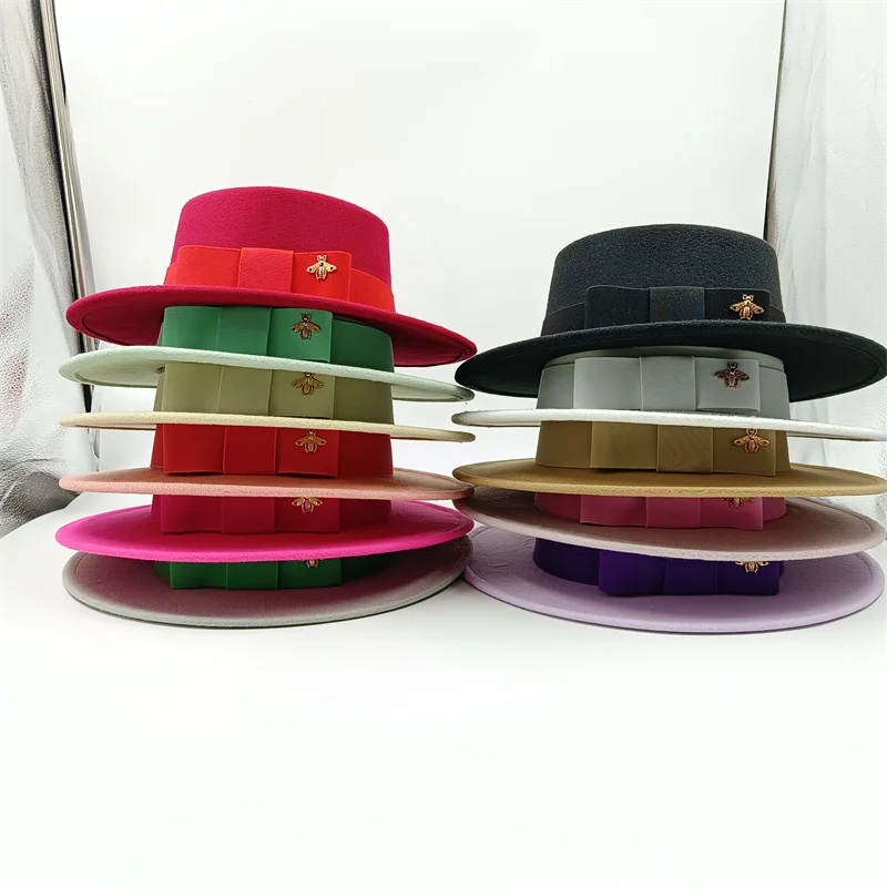 Bow Tie Fedora Hat Winter Round Bumpy Surface Flat Top Bow Tie Elastic Band Men's and Women's Red Jazz Hat Fedora