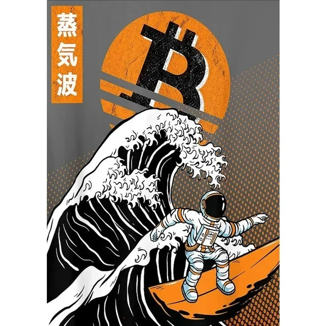 Crypto Astronaut Surfing Bitcoin Stock Market Poster Print  Funny Space Meme Wall Art Canvas Painting for Home Living Room Decor