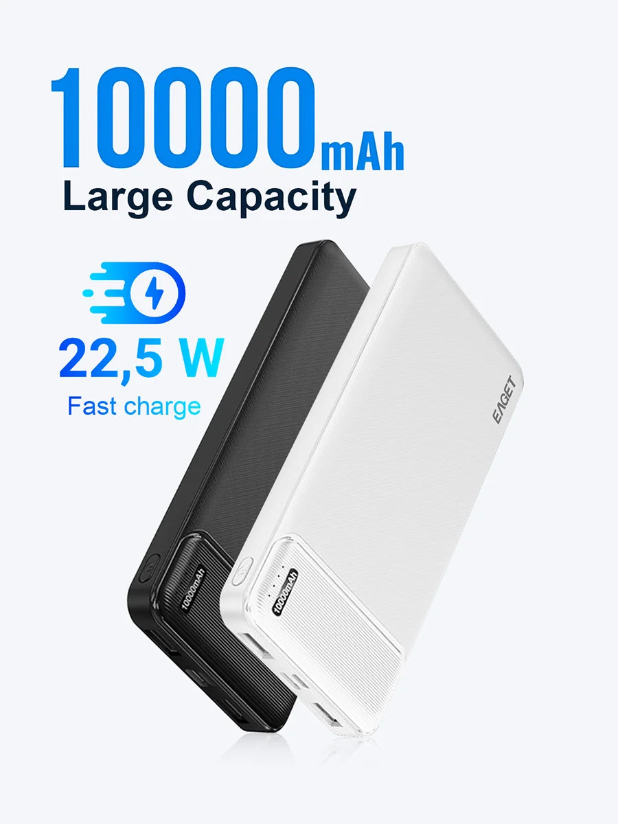 Eaget 10000mAh Power Bank 22.5W PD Fast Charging Powerbank Portable Battery Charger for iPhone 16Pro 15 14 13 Xiaomi Poco