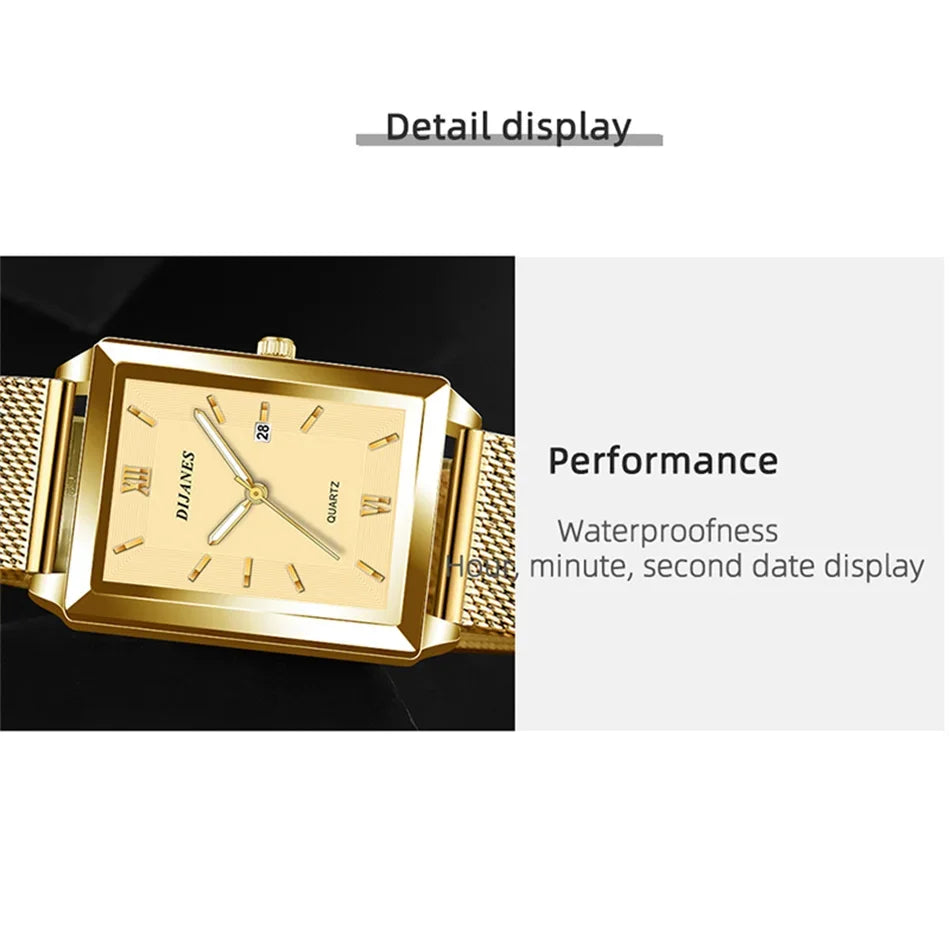 Men Watch Calendar Date Sport & Leisure Leather Clock 2024 Luxury Business Golden Stainless Steel Mesh Band Quartz Reloj Hombre