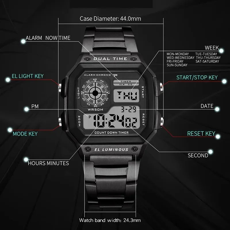 Digital Watch Men's Watch Stainless Steel Strap Countdown Sport Watches Waterproof Led Electronic Wristwatch for Men Gift