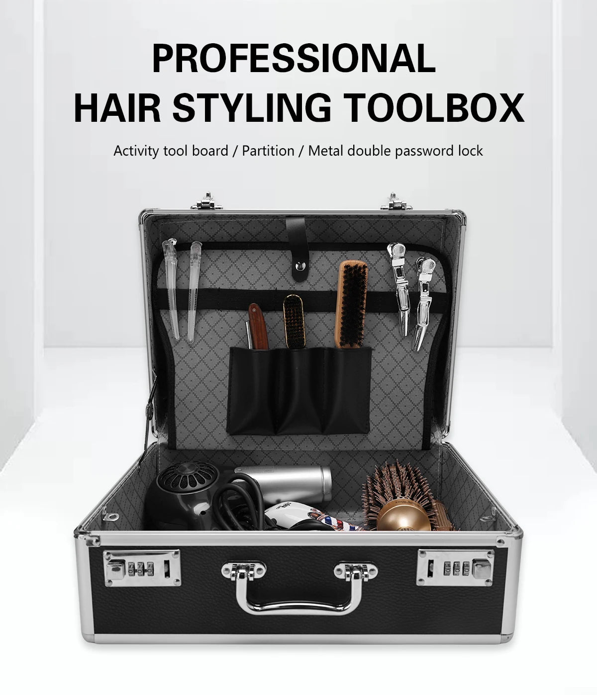 Top Black Aluminum Hard Suitcase Barber Tool Salon Hairdressing Accessories With Password Atorage Case Carrying Travel Box