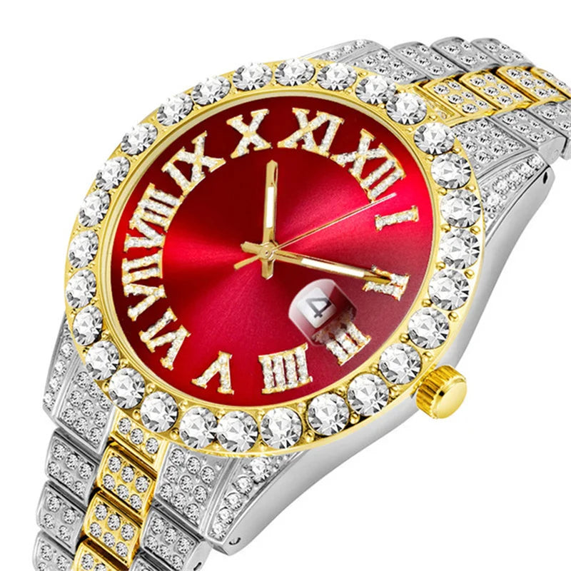 Hip Hop Iced Out Watch Men Luxury Brand Diamond Men's Watches Calendar Quartz Wristwatches Male Clock Gift For Men