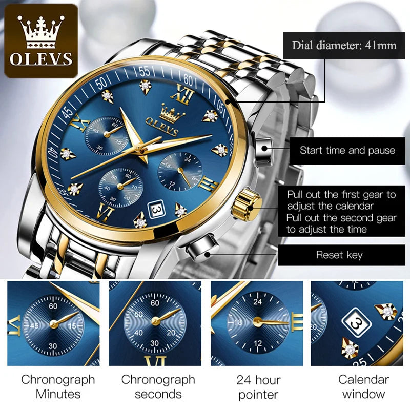 OLEVS Watches for Men Top Brand Luxury Chronograph Luminous Quartz Watch Fashion Business Waterproof Stainless Steel Wristwatch