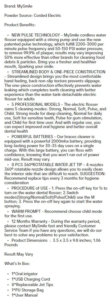 MySmile Cordless Select (LP211) Oral Irrigator Water Flosser w/ 260ML Water Tank 5 Cleaning Modes 8 Jet Tip