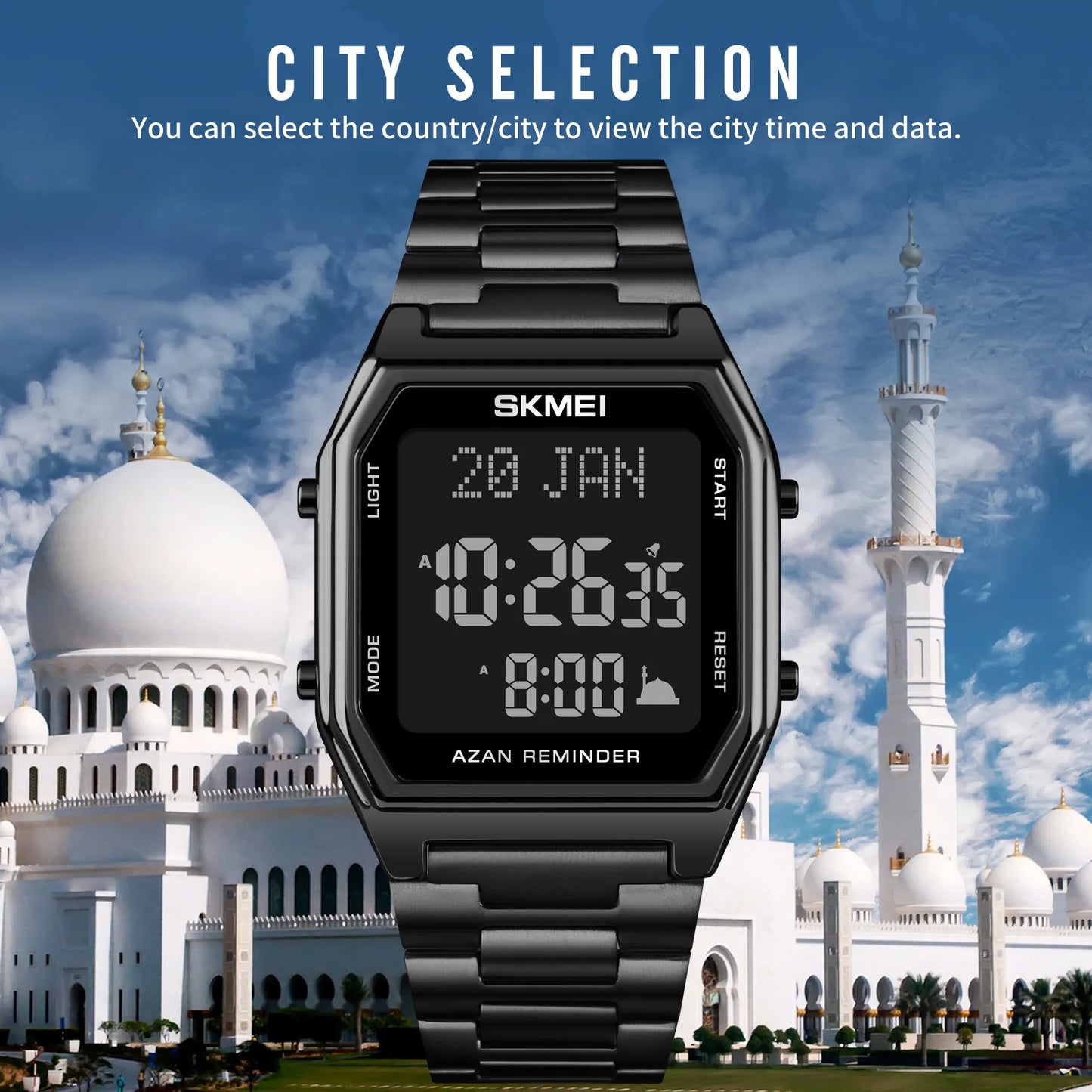 SKMEI 1763 Watch for Men Sport Waterproof Pilgrmage Qibla Direction Religious Month Day Hijri Calendar Digital Mens Wristwatches