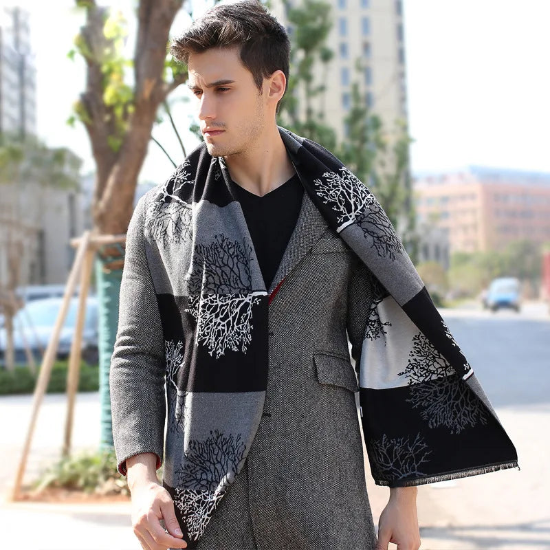 Men's Autumn Winter Horse Pattern Scarf Luxury Gentleman Cashmere Feel Muffler Student Spring Fall Wrap Soft Warm Neckerchief