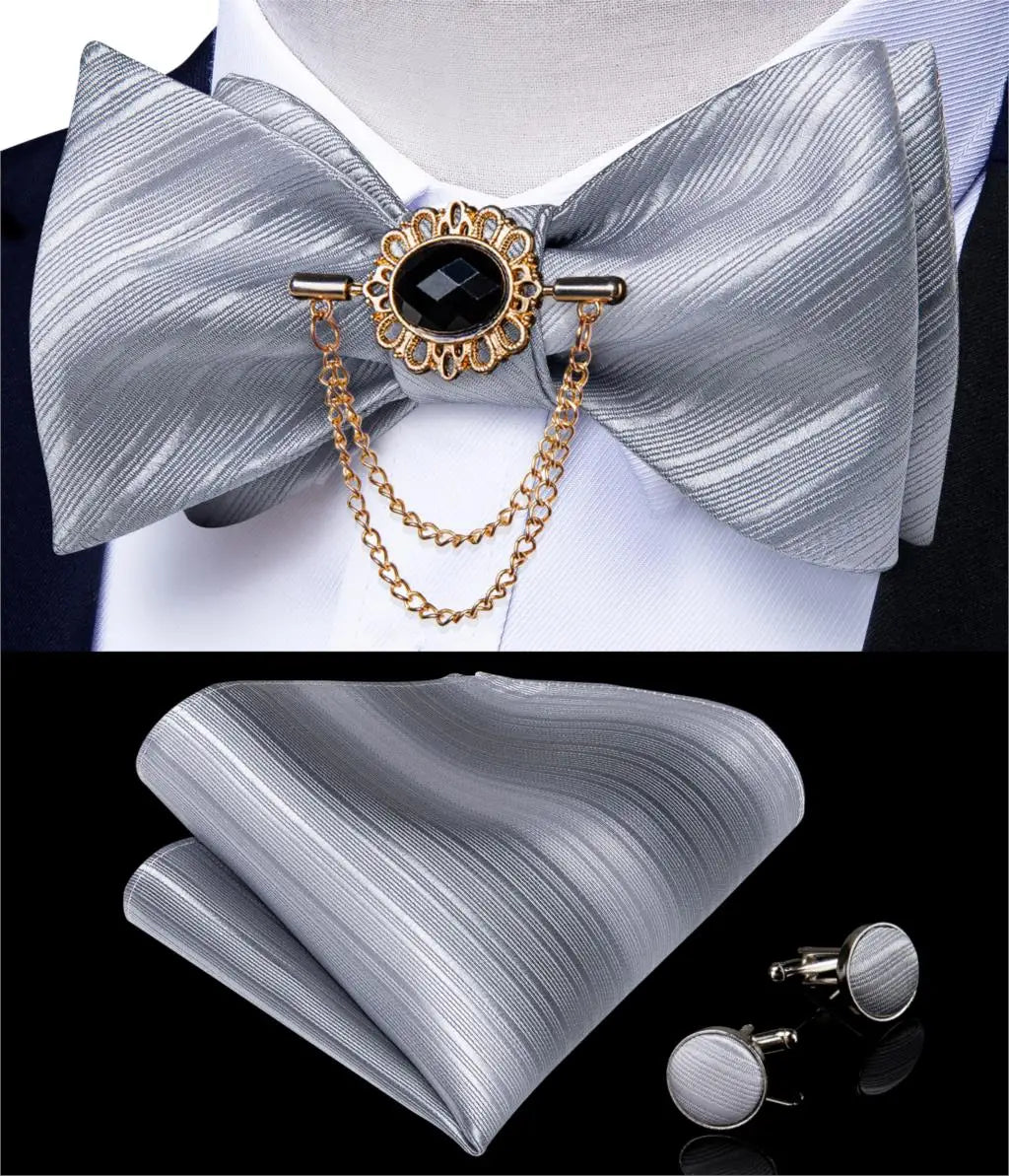 Luxury Gold Black Paisley Self Tie Men's Bow Tie Silk Woven Wedding Party Butterfly Ties Hanky Brooch Pin Set Tuxedo Bow DiBanGu