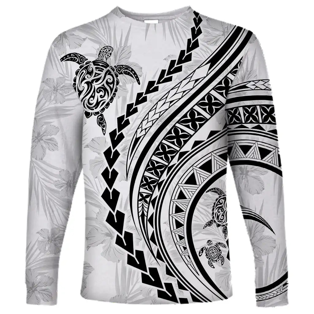 2024 new men's Polynesian long-sleeved T-shirt 3D printed turtle hibiscus luxury print men's autumn tops casual round neck