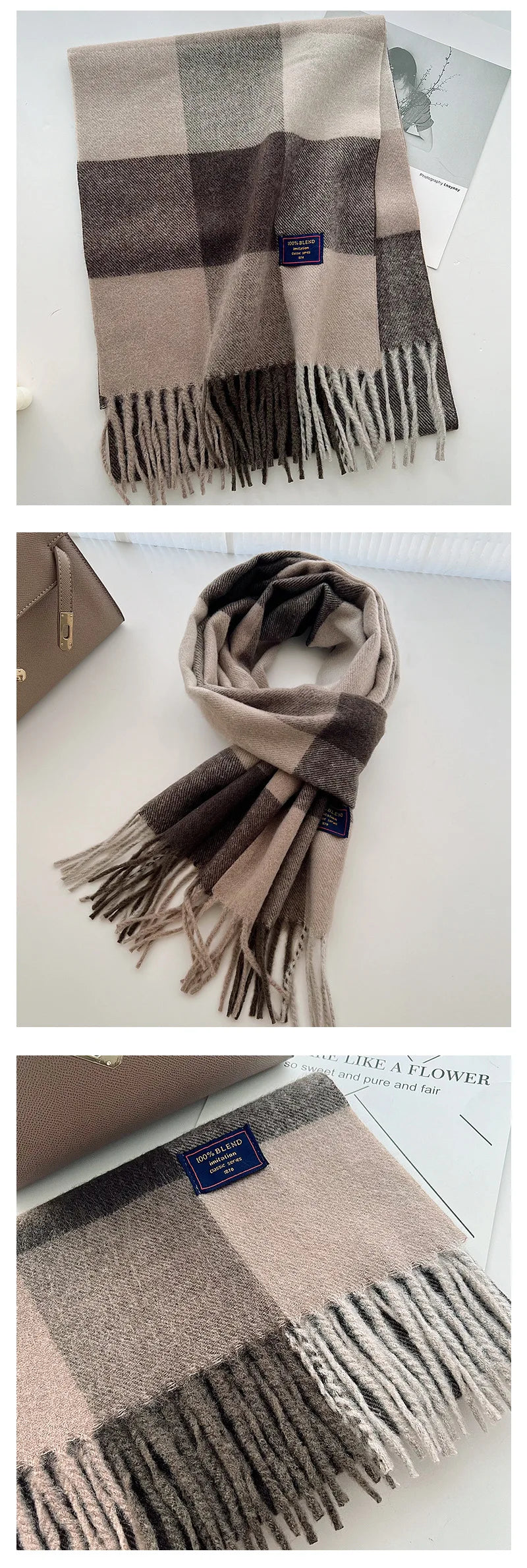 Chic Design Soft Warm Women Scarf Autumn Winter Classic British Imitation Cashmere Muffler Men Plaid Thermal Tassel Shawl Couple