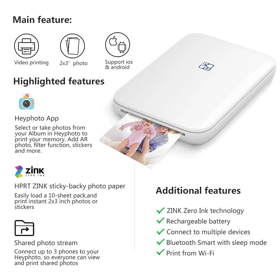 HPRT MT53 Color Photo Printer HD Portable Mini Bluetooth Maker Mobile Handheld Pocket Printing Machine 2x3 Inch Sticker Paper