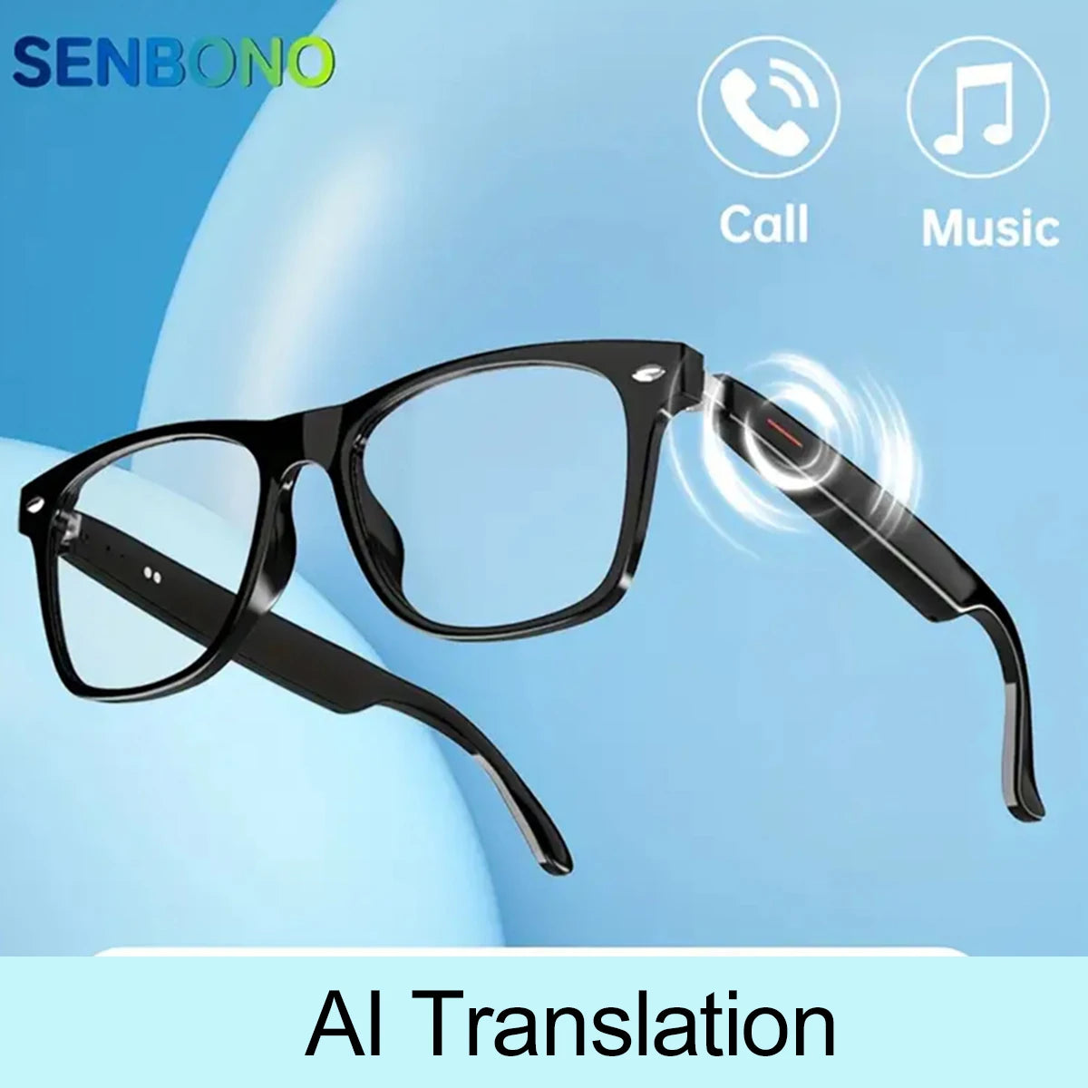 SENBONO Smart Glasses AI Translation Glasses 100+ Languages Real-time Translation Bluetooth Music Built-in Mic & Speakers