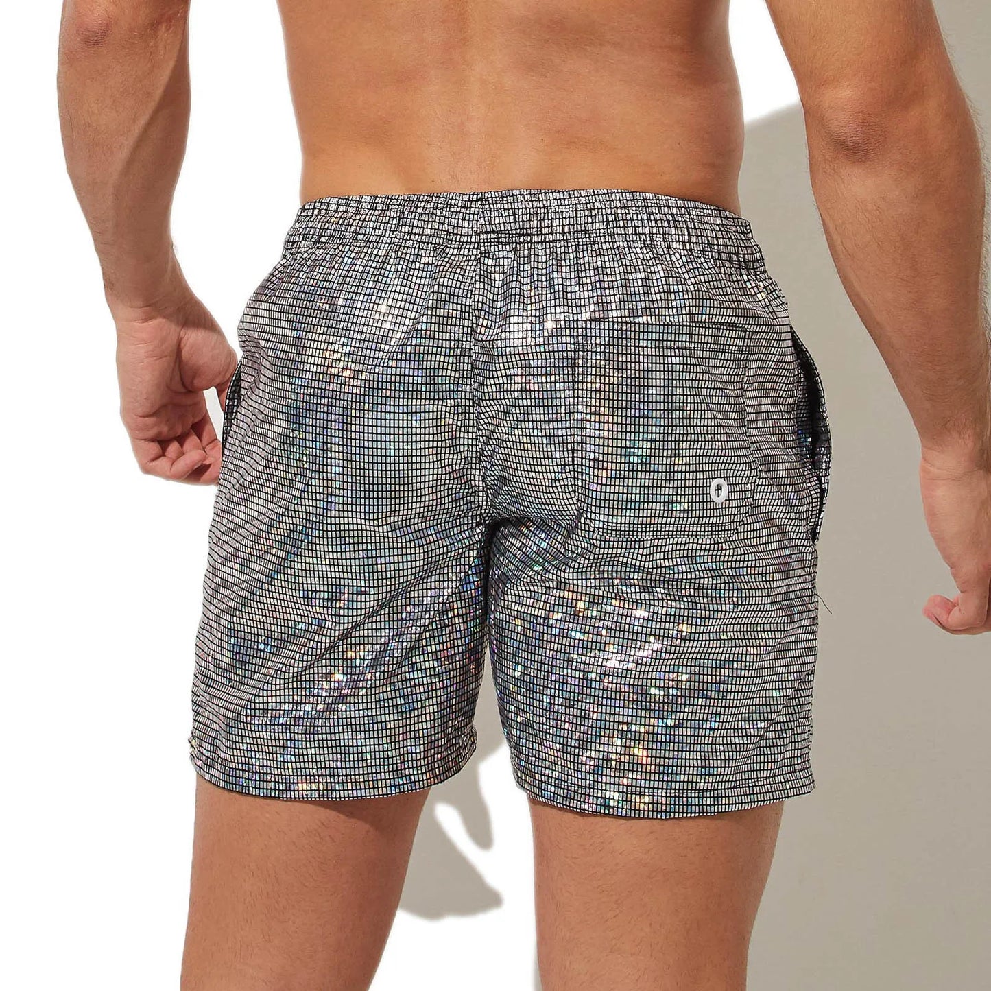 CLEVER-MENMODE Beach Board Swim Shorts Mens Silvery Shine Surfing Swimming Trunks Boxers Faux Leather Beachwear Gymwear