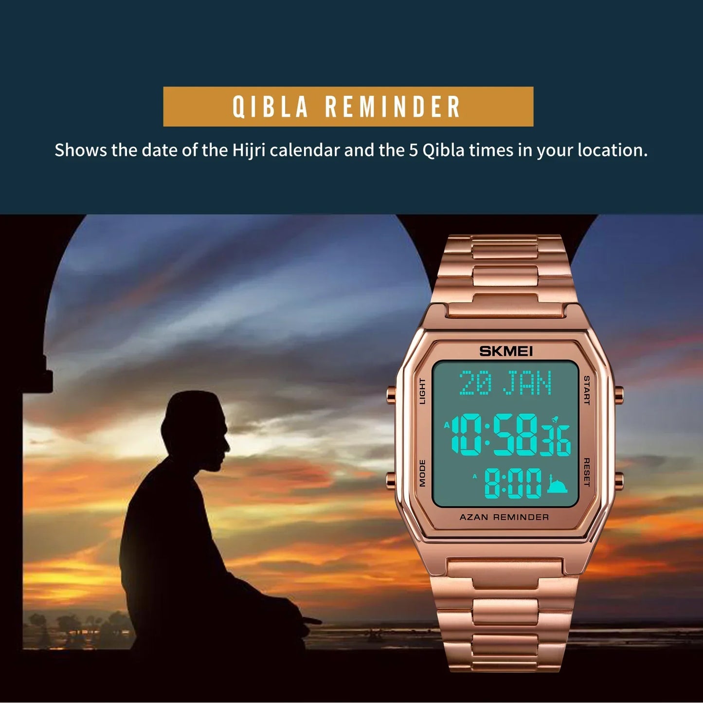 SKMEI 1763 Watch for Men Sport Waterproof Pilgrmage Qibla Direction Religious Month Day Hijri Calendar Digital Mens Wristwatches