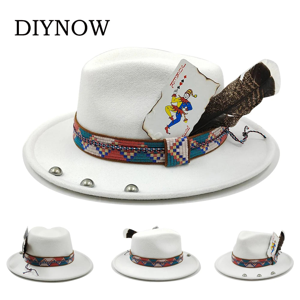 Feather Fedoras Hat for Men Women Black Felt Wide Brim Jazz Cap Gentleman Caps Plum Blossom 8 Playing Card Design Fedora Hat