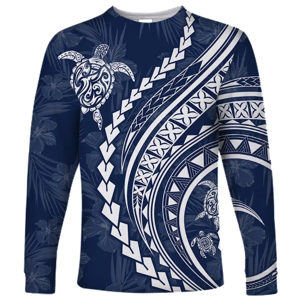 2024 new men's Polynesian long-sleeved T-shirt 3D printed turtle hibiscus luxury print men's autumn tops casual round neck