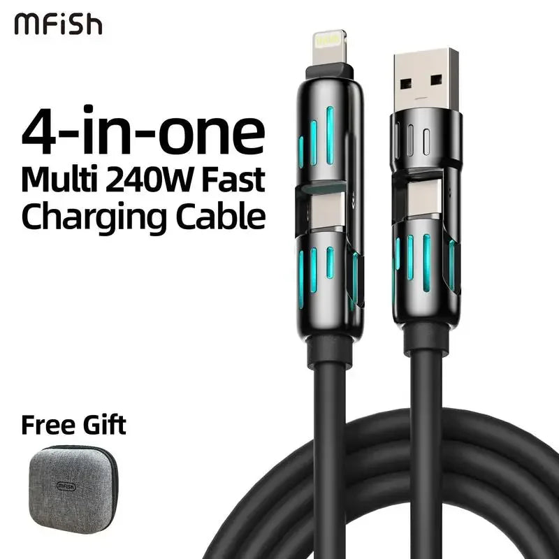 USB、Type C, lightning-Max 240W Fast Charging and Data Sync MFISH 4-in-1 Multi-Function USB Charging Cable for iPhone 16/15, iPad