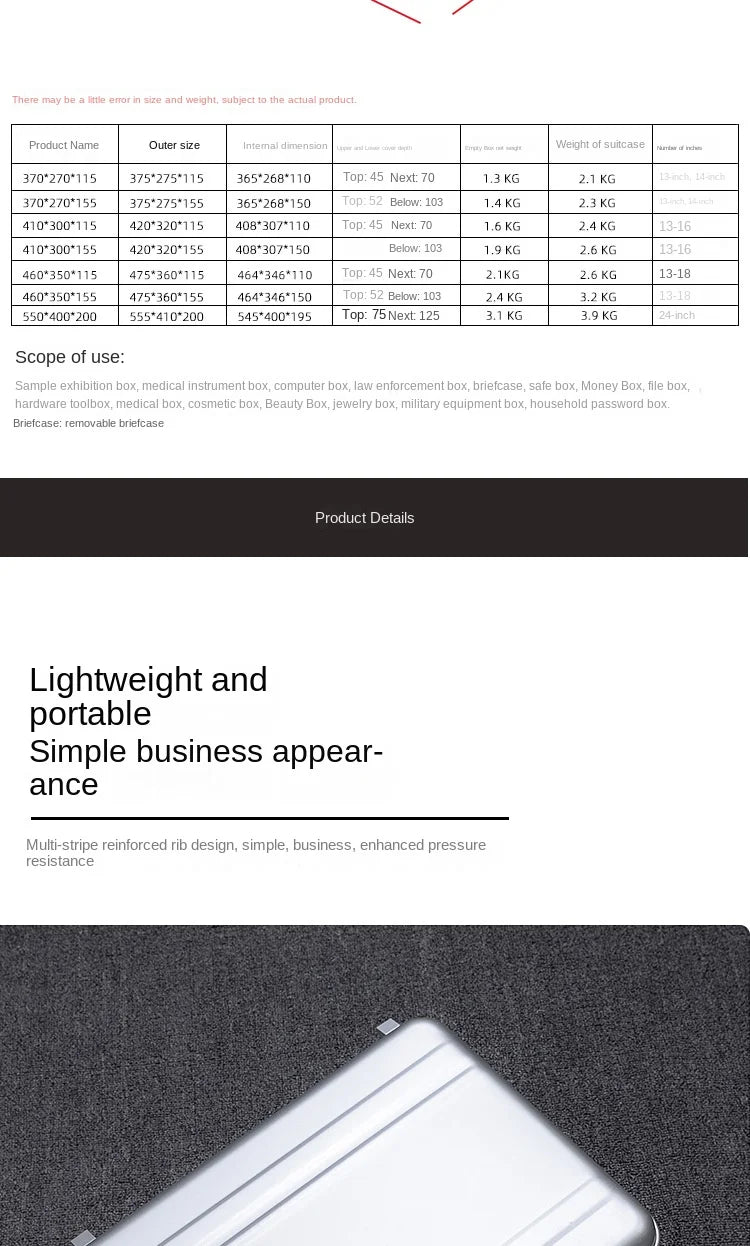 14 inch aluminum briefcase, 18 inch large aluminum-magnesium alloy portable instrument lockbox, security tool box, flight case