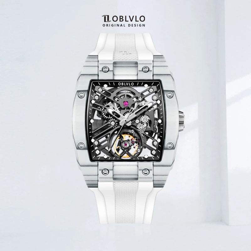 OBLVLO Top Brand Men Automatic Mechanical Watch Skeleton Luminous Wine Barrel Carbon Fiber Case Rubber Strap Waterproof EM