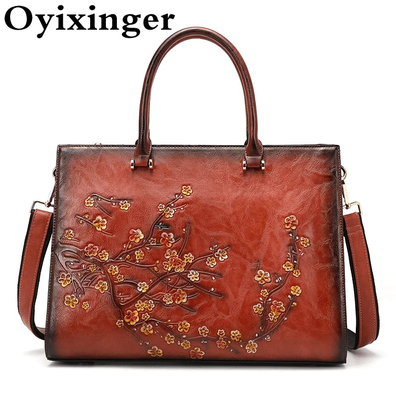 OYIXINGER 2024 New Women Briefcase Large Capacity Top-handle Bag Ladies Floral Leather Briefcase For 14 inch Macbook Hp Xiaomi