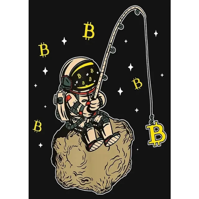 Crypto Astronaut Surfing Bitcoin Stock Market Poster Print  Funny Space Meme Wall Art Canvas Painting for Home Living Room Decor