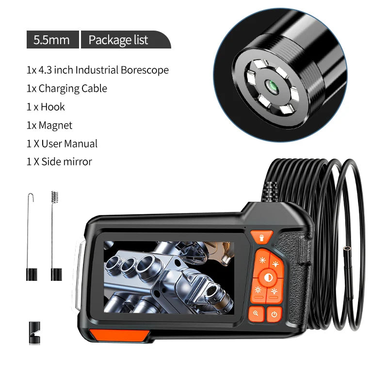 Industrial Endoscope Camera 4.3 inch LCD HD 5.5MM Lens P67 Waterproof Snake Camera LED Lights for Automotive Engine Drain Wall