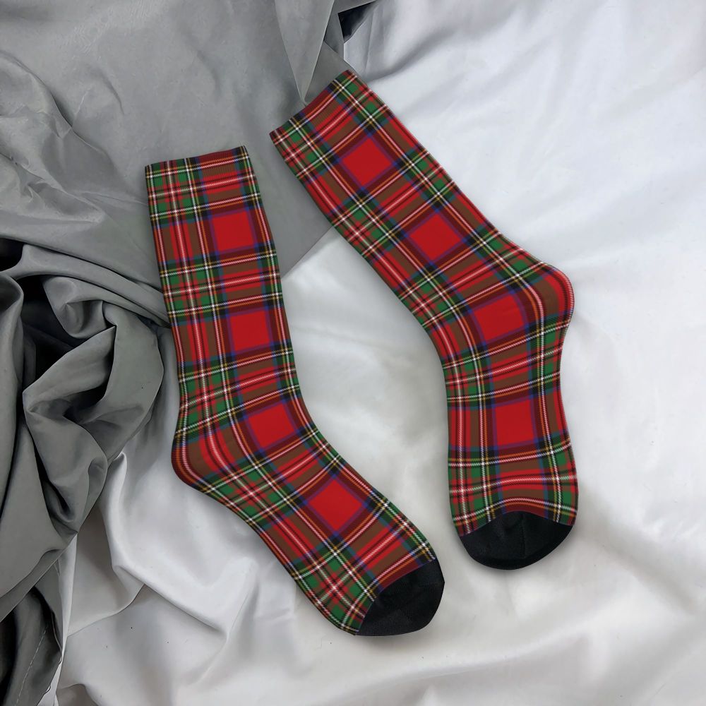 Funny Tartan Clan Stewart Plaid Black Red Check Football Socks Polyester Middle Tube Socks for Unisex Sweat Absorbing